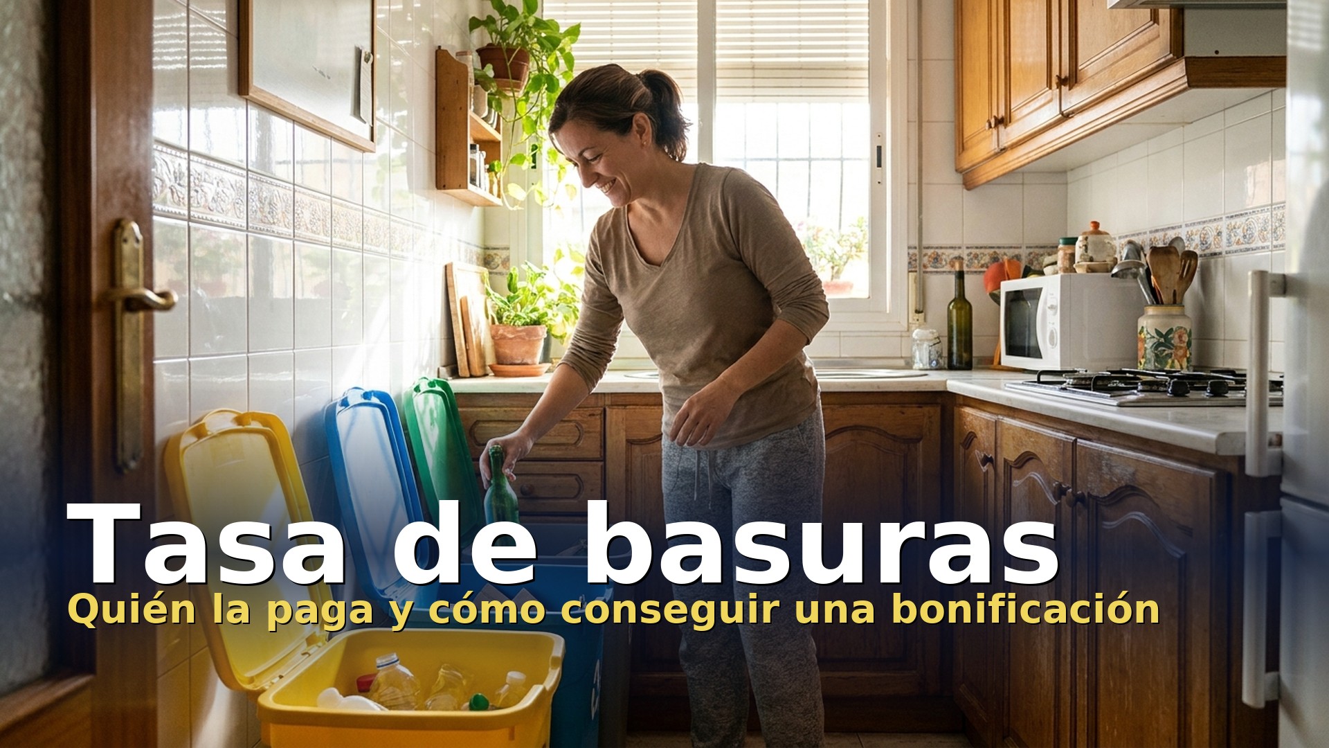 Tasa de basuras: mujer separando residuos en cubos de reciclaje en la cocina de su casa