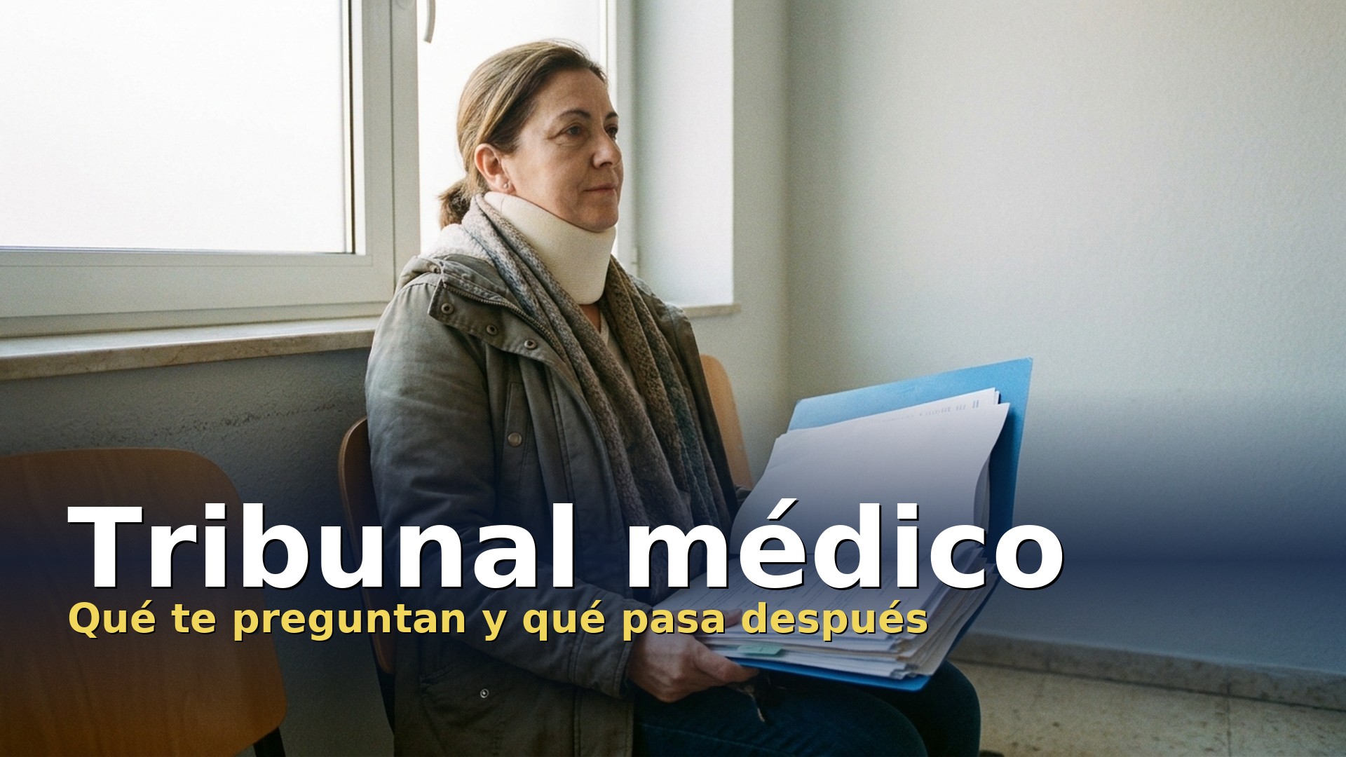 Tribunal médico: una mujer con collarín espera en la sala del INSS con su carpeta de informes médicos