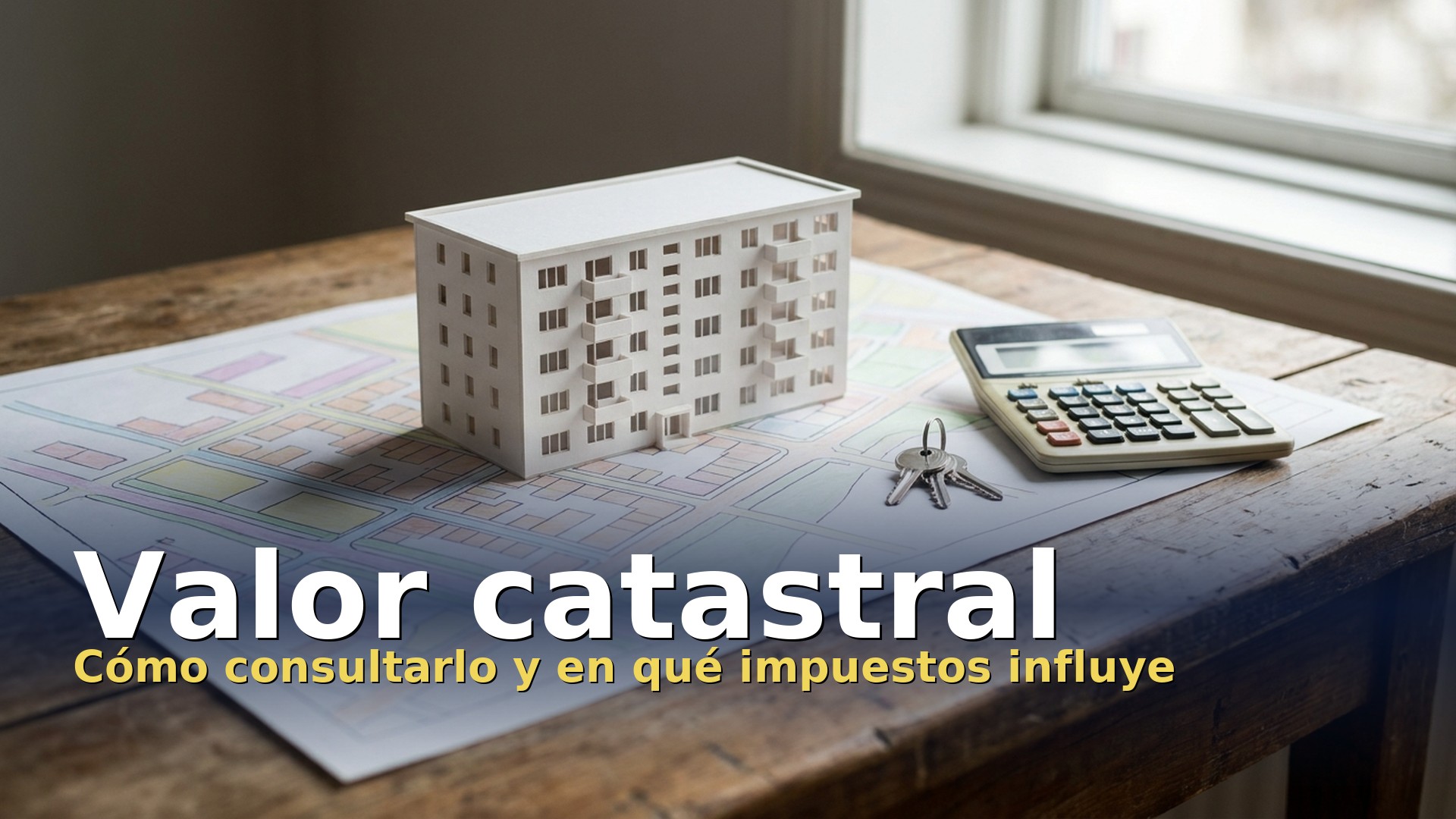 Valor catastral: maqueta de un edificio de viviendas sobre un plano de parcelas, con calculadora y llaves