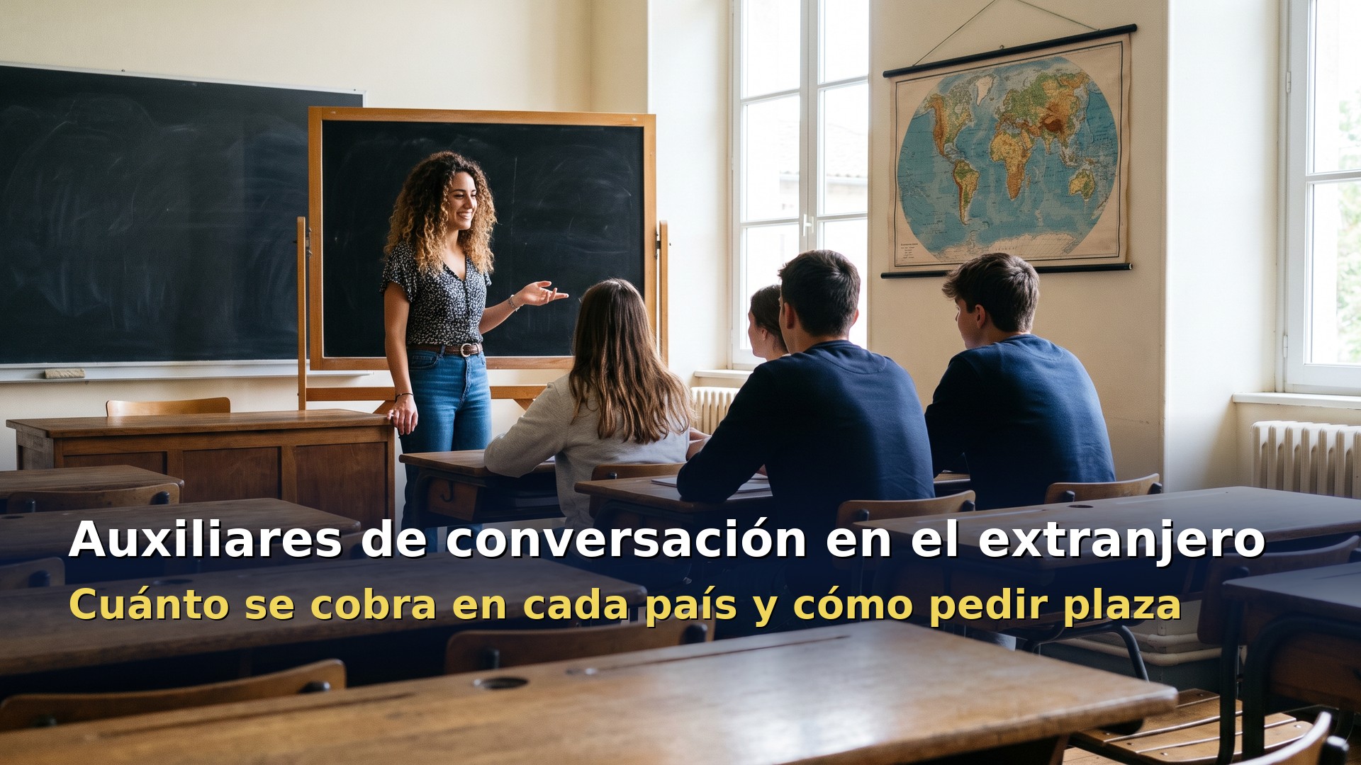 Auxiliares de conversación en el extranjero: auxiliar española en un aula de un instituto con estudiantes