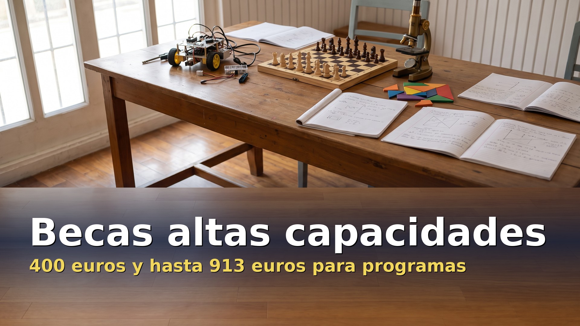 mesa de taller con robot, ajedrez y microscopio para alumnado con altas capacidades que puede pedir la beca