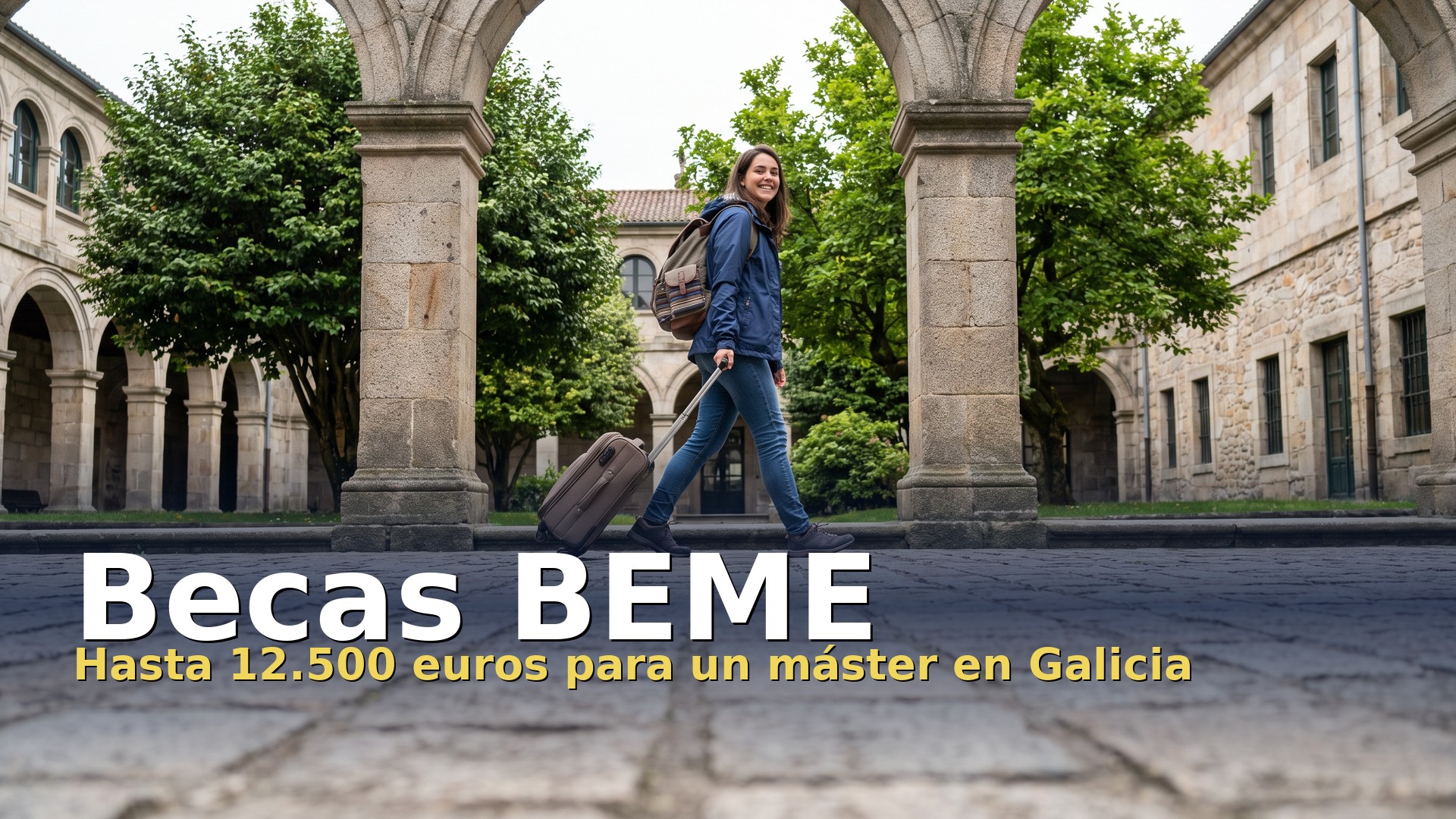 Becas BEME: joven con maleta en un campus universitario de Galicia