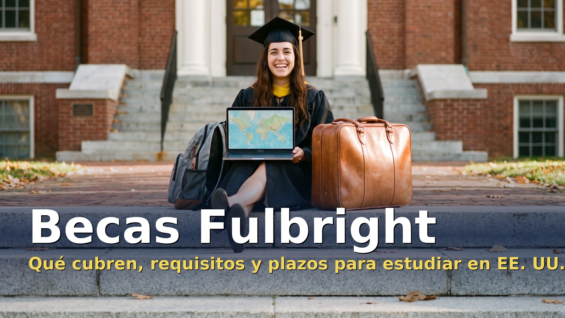Becas Fulbright: graduada con portátil y maleta frente a un campus universitario de Estados Unidos