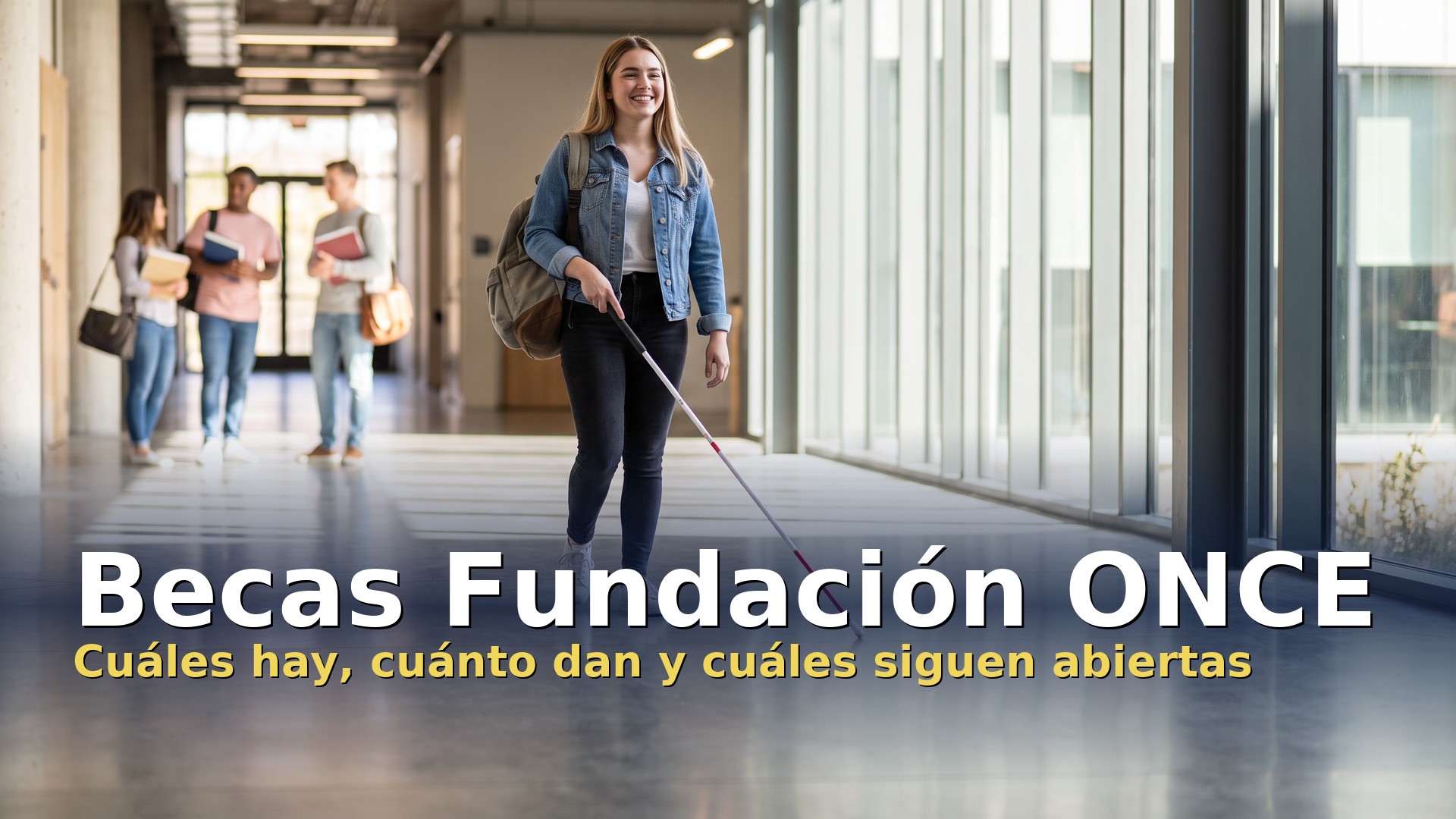 Becas de la Fundación ONCE: estudiante universitaria con bastón blanco en la facultad