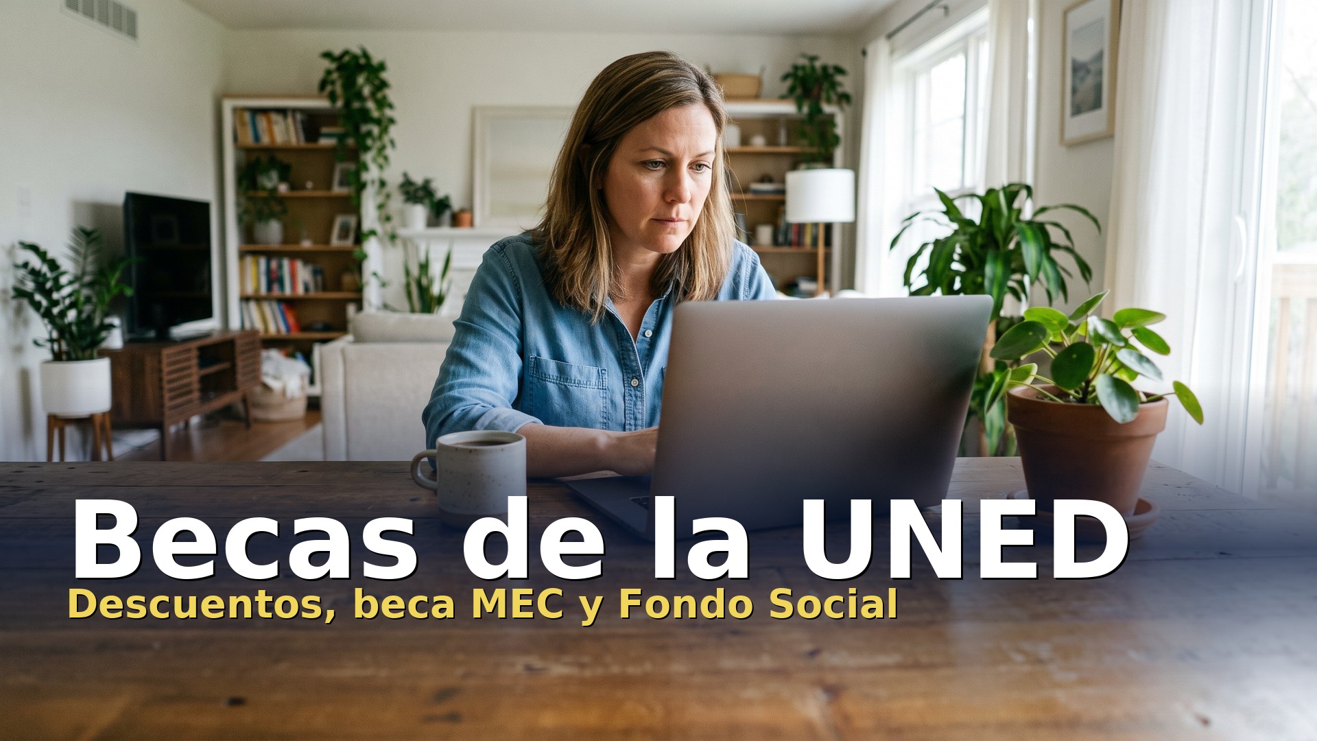 Becas de la UNED: estudiante adulta estudiando a distancia con su portátil en casa