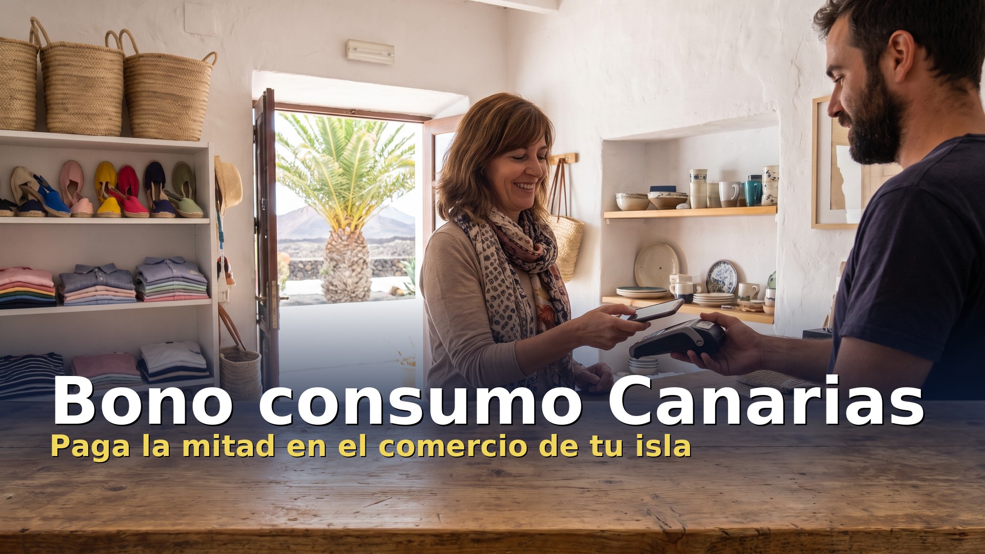 Bono consumo Canarias: clienta pagando en un pequeño comercio de la isla con descuento