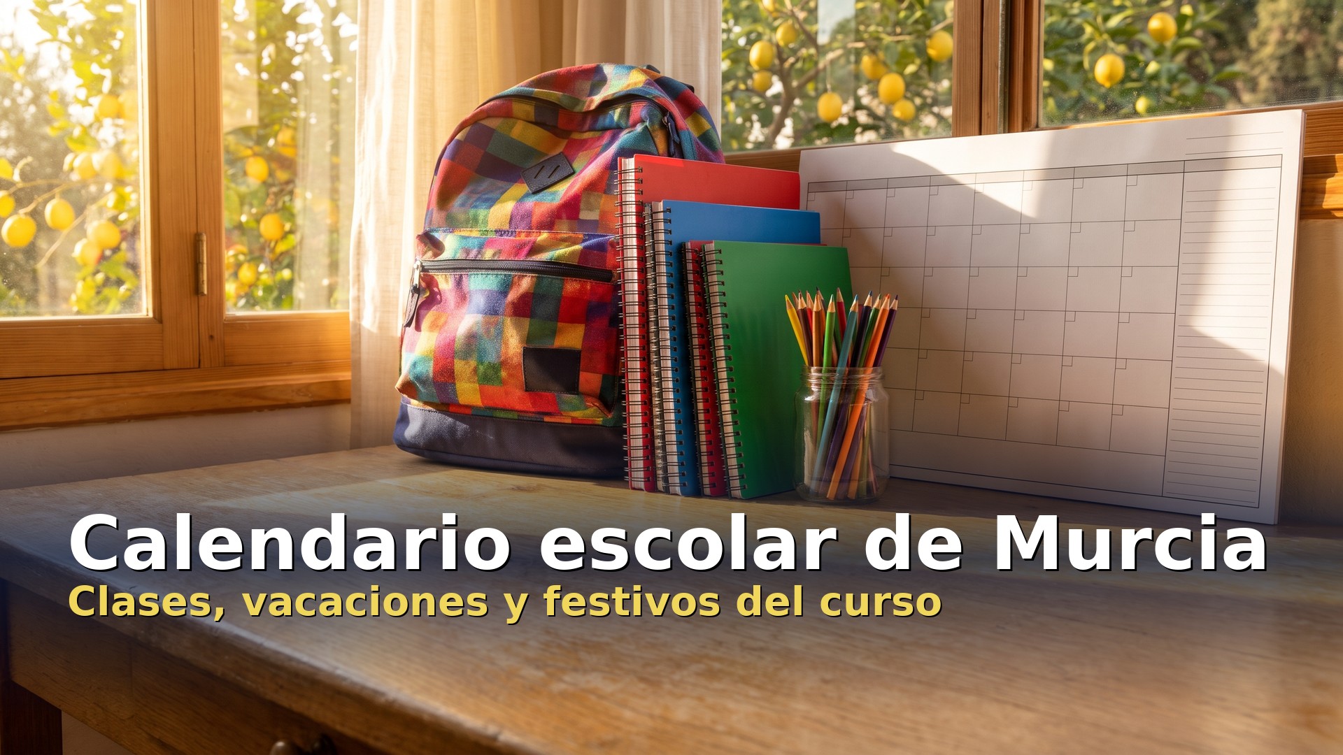 Mochila escolar, cuadernos y un planificador en blanco sobre una mesa para preparar el calendario escolar de Murcia
