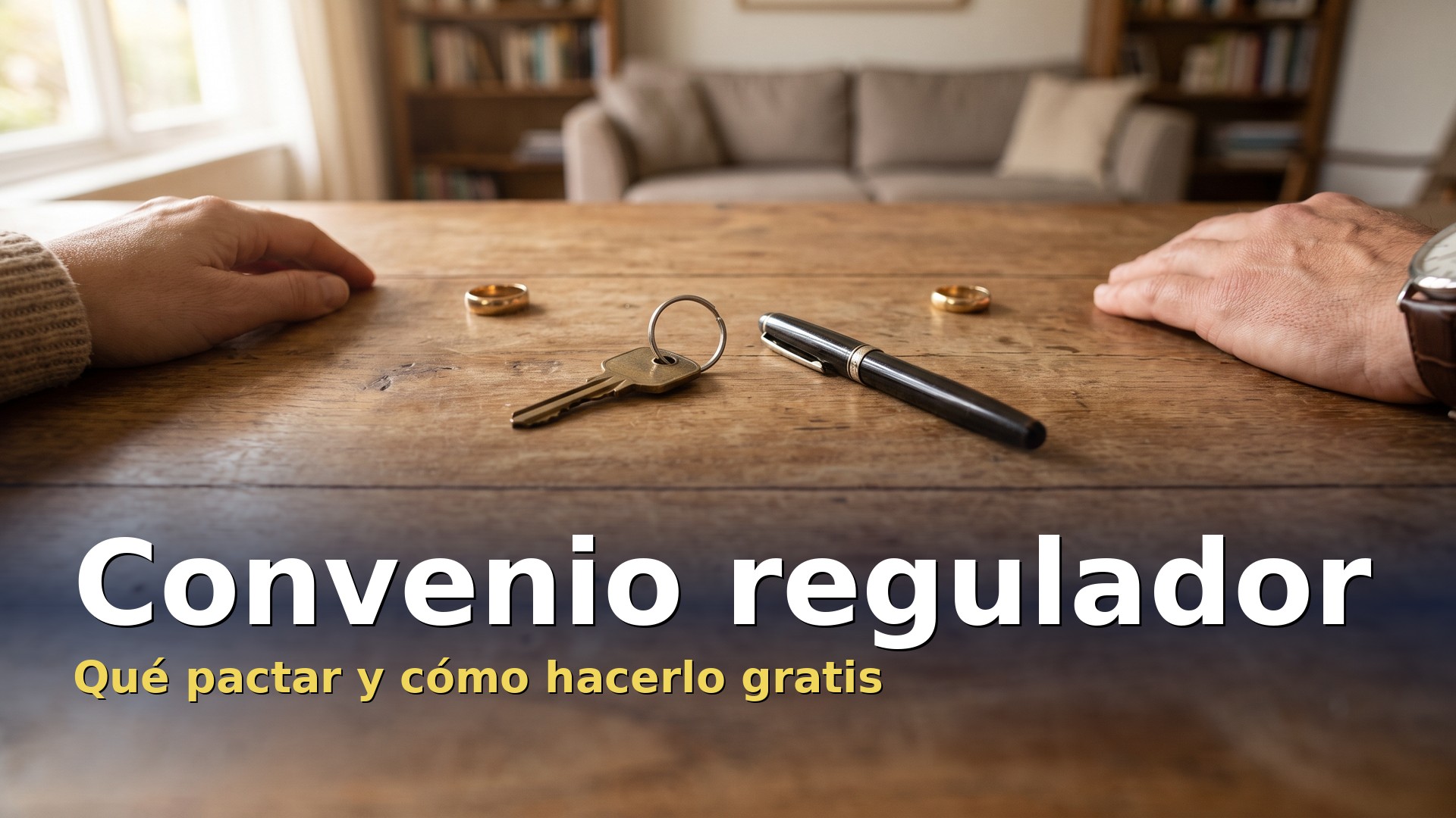 Convenio regulador: dos alianzas separadas, la llave de casa y una pluma sobre la mesa entre las manos de la pareja