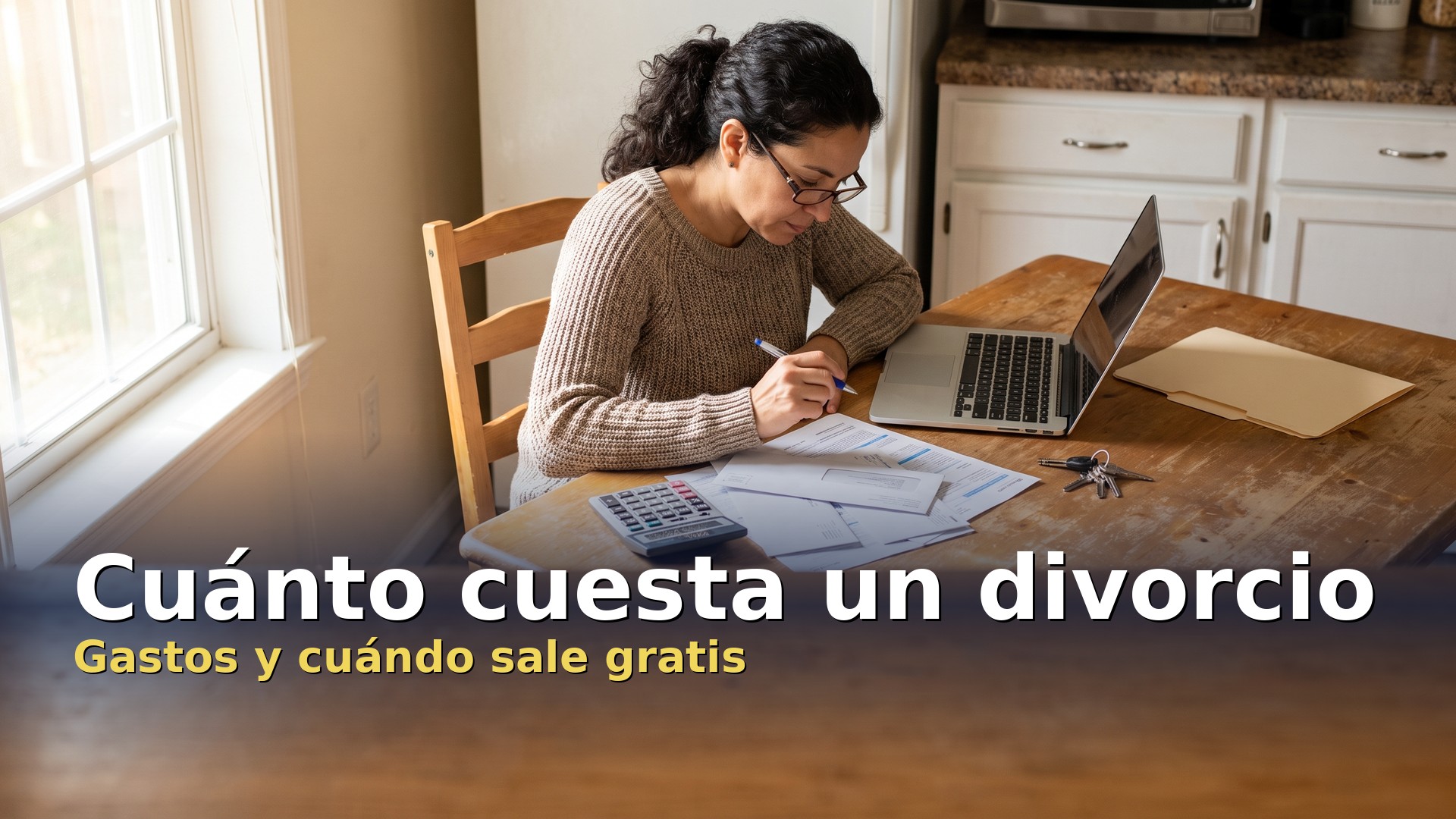 Cuánto cuesta un divorcio: mujer revisa facturas, calculadora y las llaves de casa en la mesa de la cocina