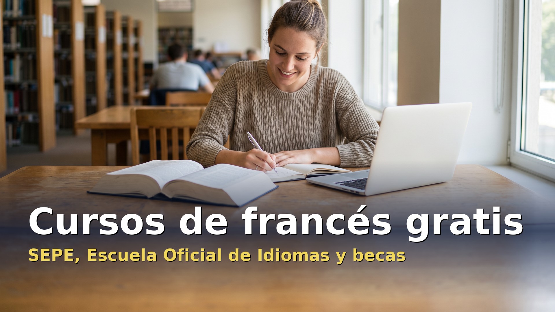 Cursos de francés gratis: mujer estudiando francés con un diccionario y un portátil en una biblioteca