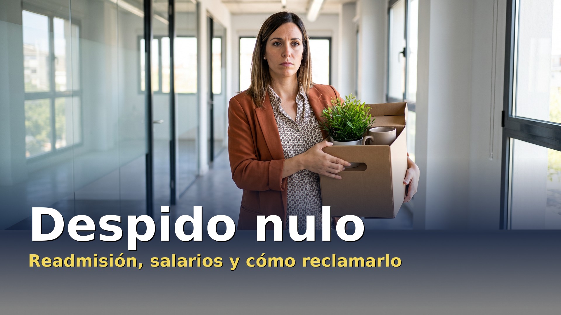 Despido nulo: trabajadora con una caja de sus cosas saliendo de la oficina