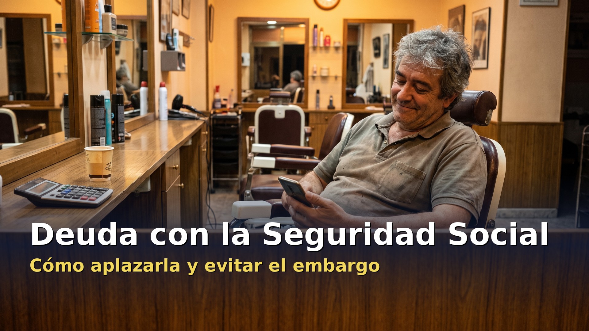 Autónomo en su peluquería mirando el móvil tras pedir el aplazamiento de su deuda con la Seguridad Social