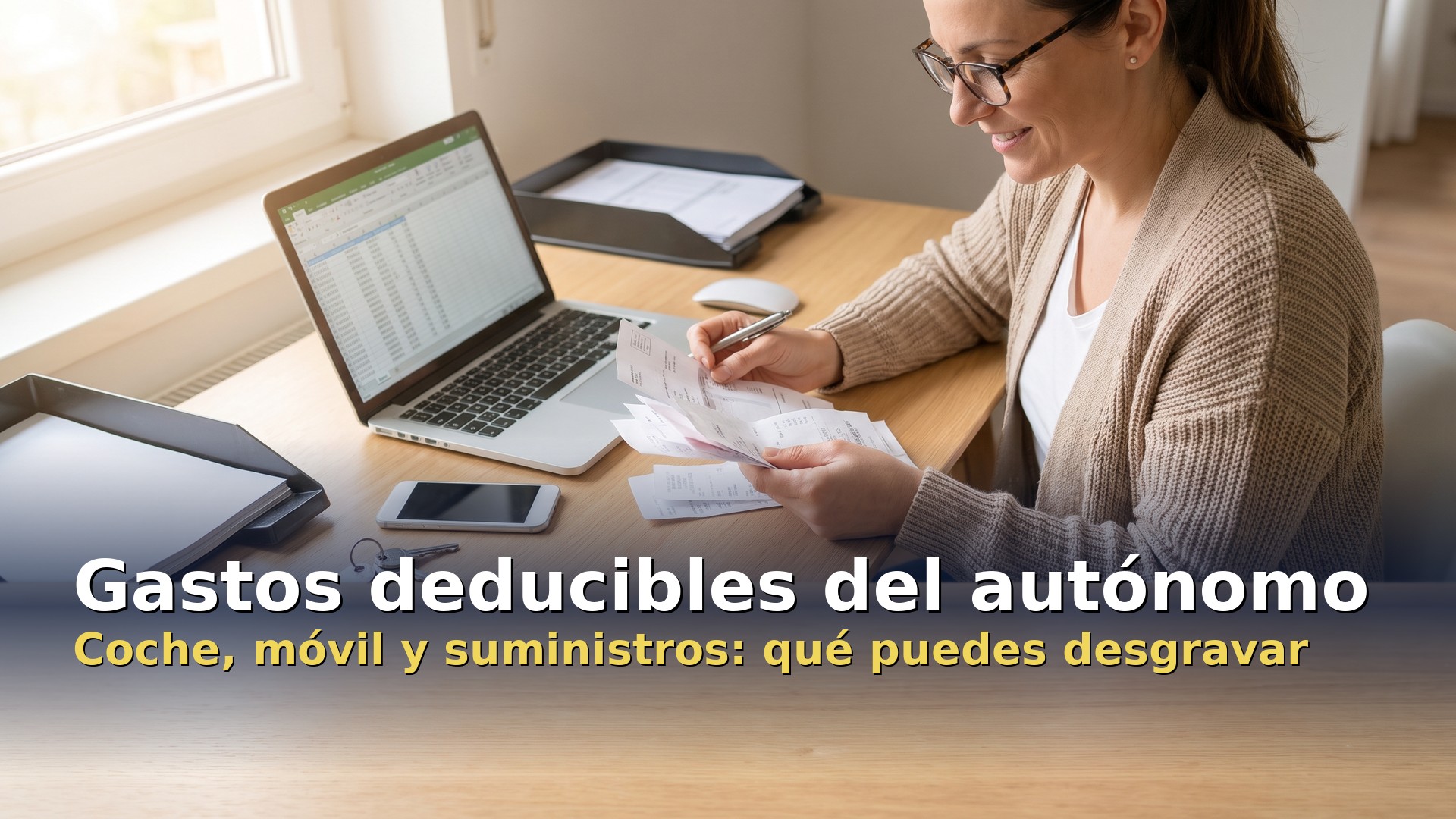 Gastos deducibles autónomos: autónoma revisando facturas del coche, el móvil y los suministros en su despacho de casa