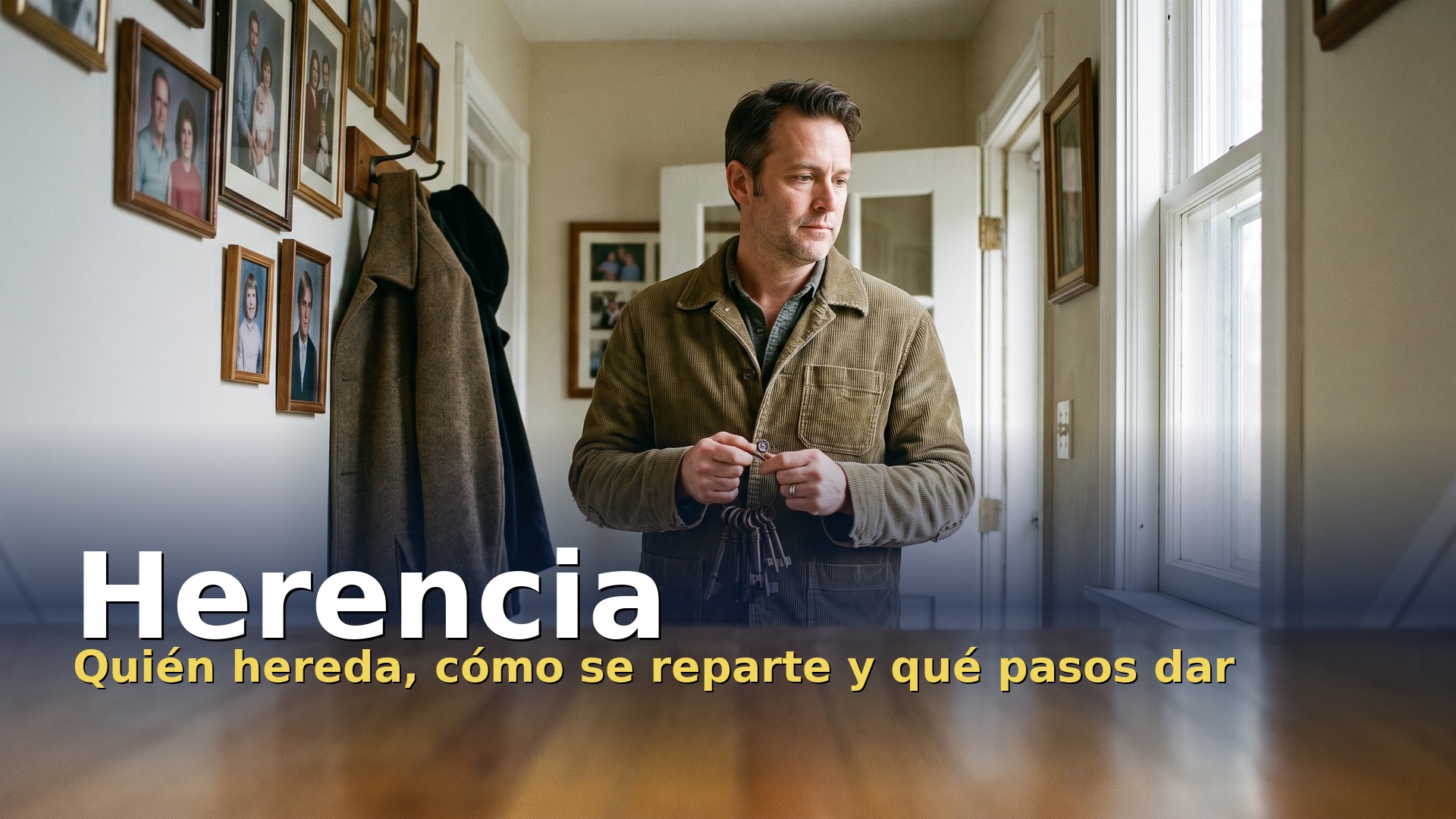 Herencia: un hombre con las llaves de la casa de sus padres en el pasillo con fotos familiares