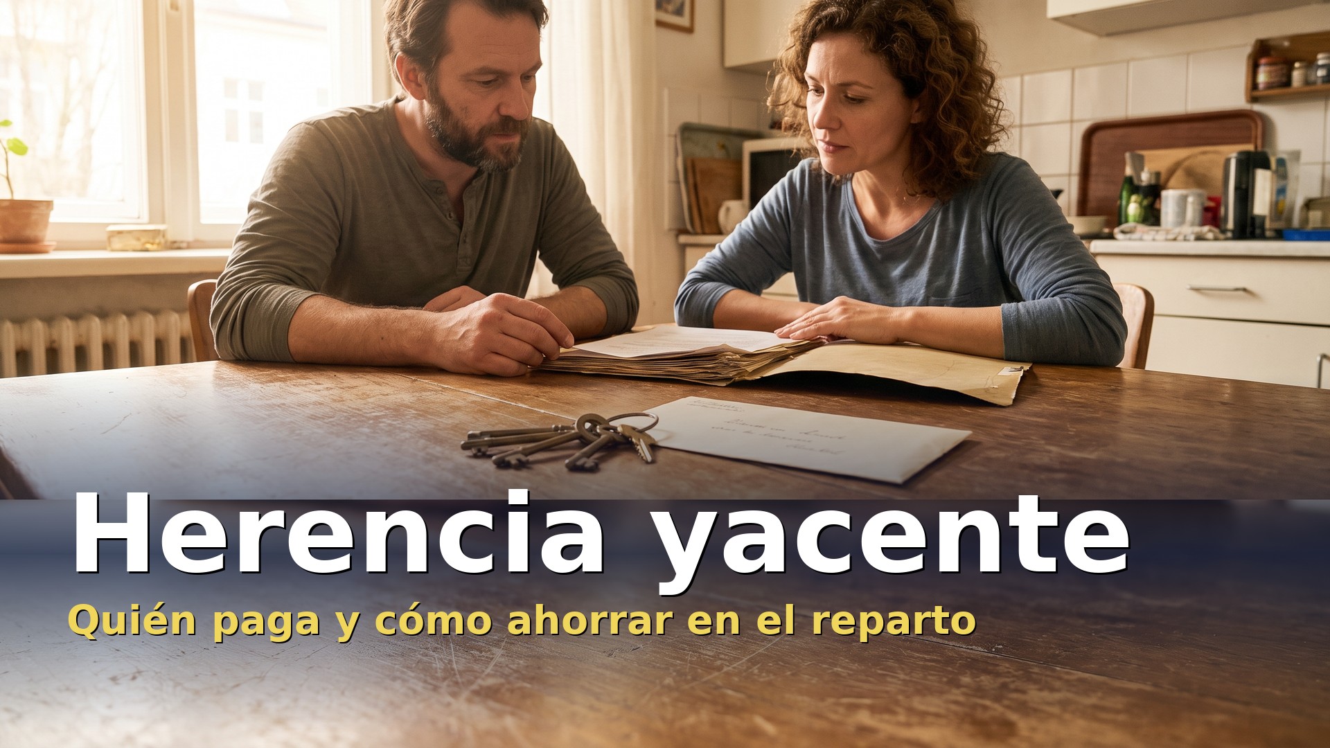 Herencia yacente: dos hermanos revisan los papeles y las llaves de la casa familiar en la cocina