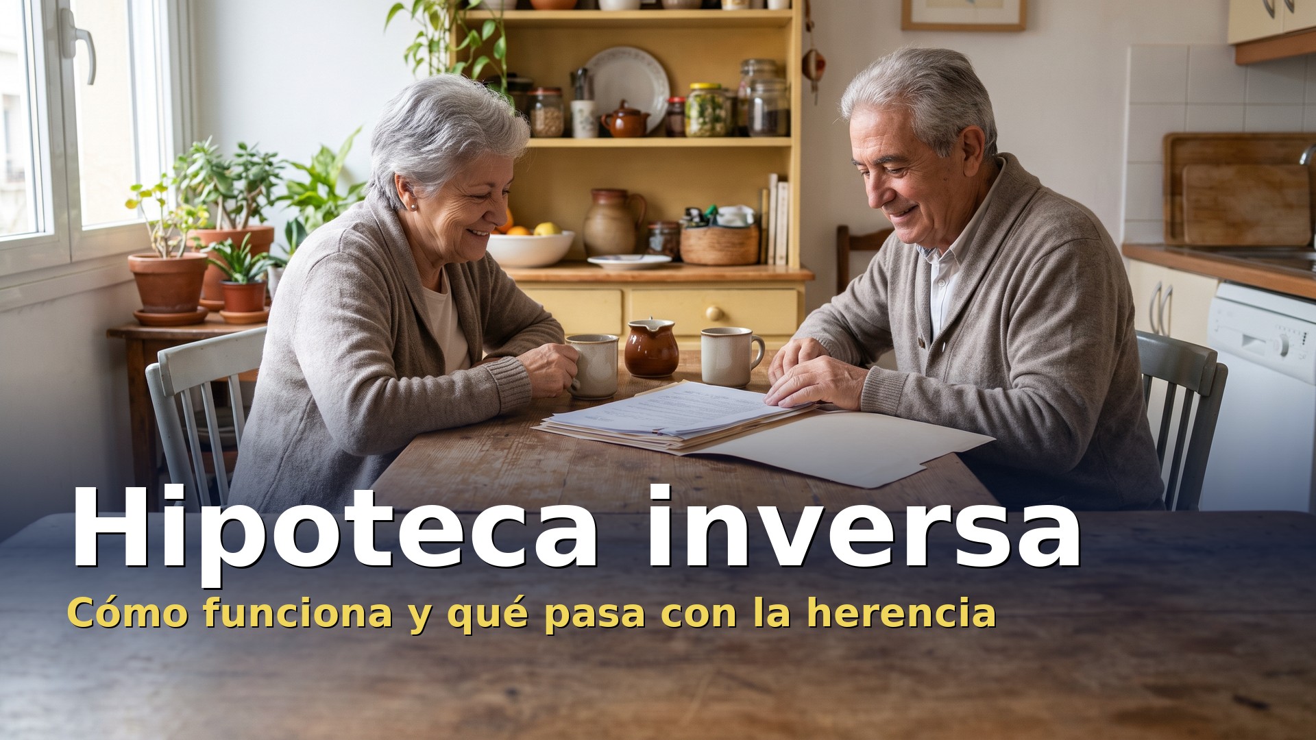 Hipoteca inversa: pareja de jubilados revisando los papeles en la cocina de su casa