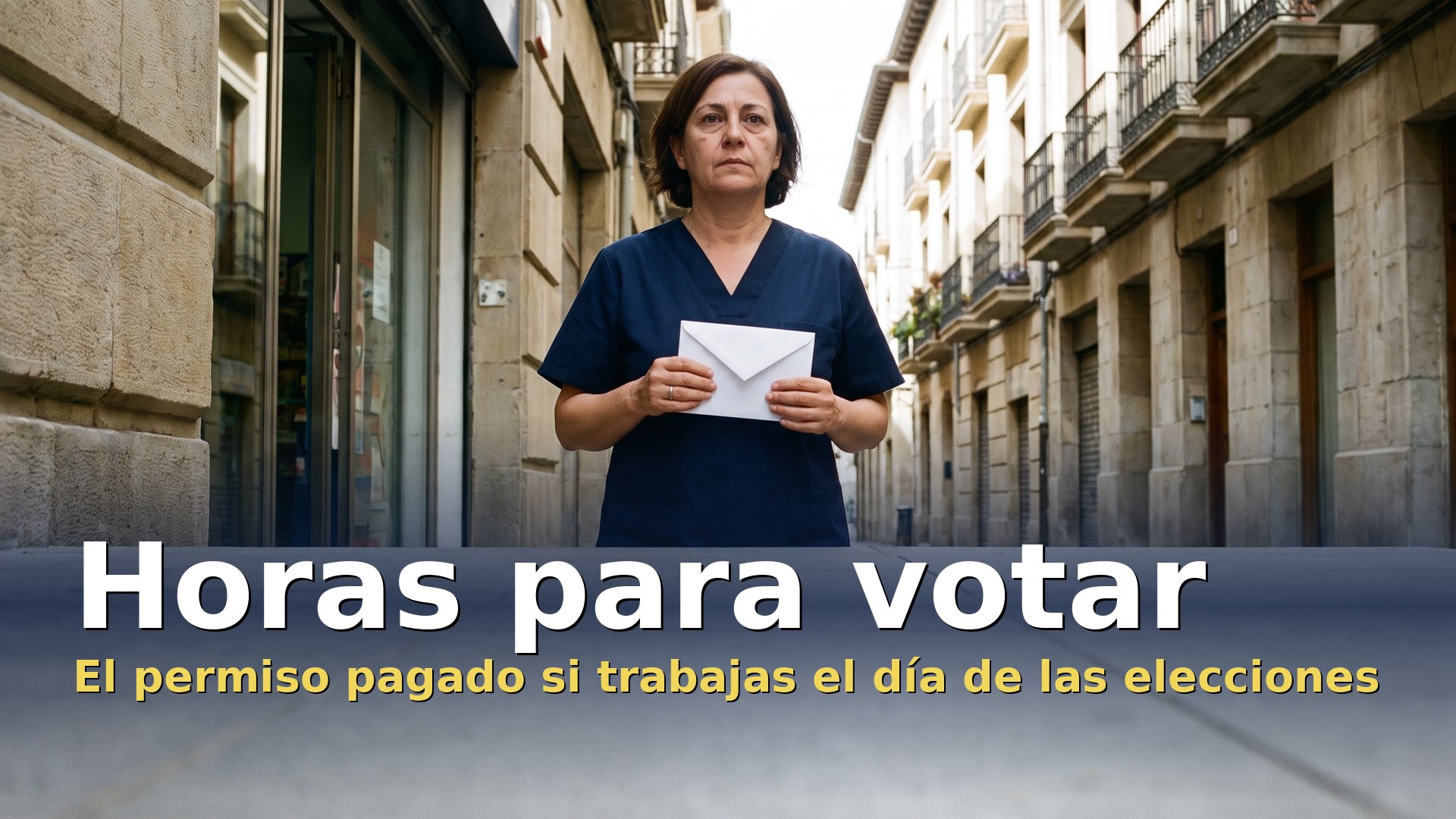 Horas para votar: trabajadora con uniforme camino del colegio electoral con el sobre del voto