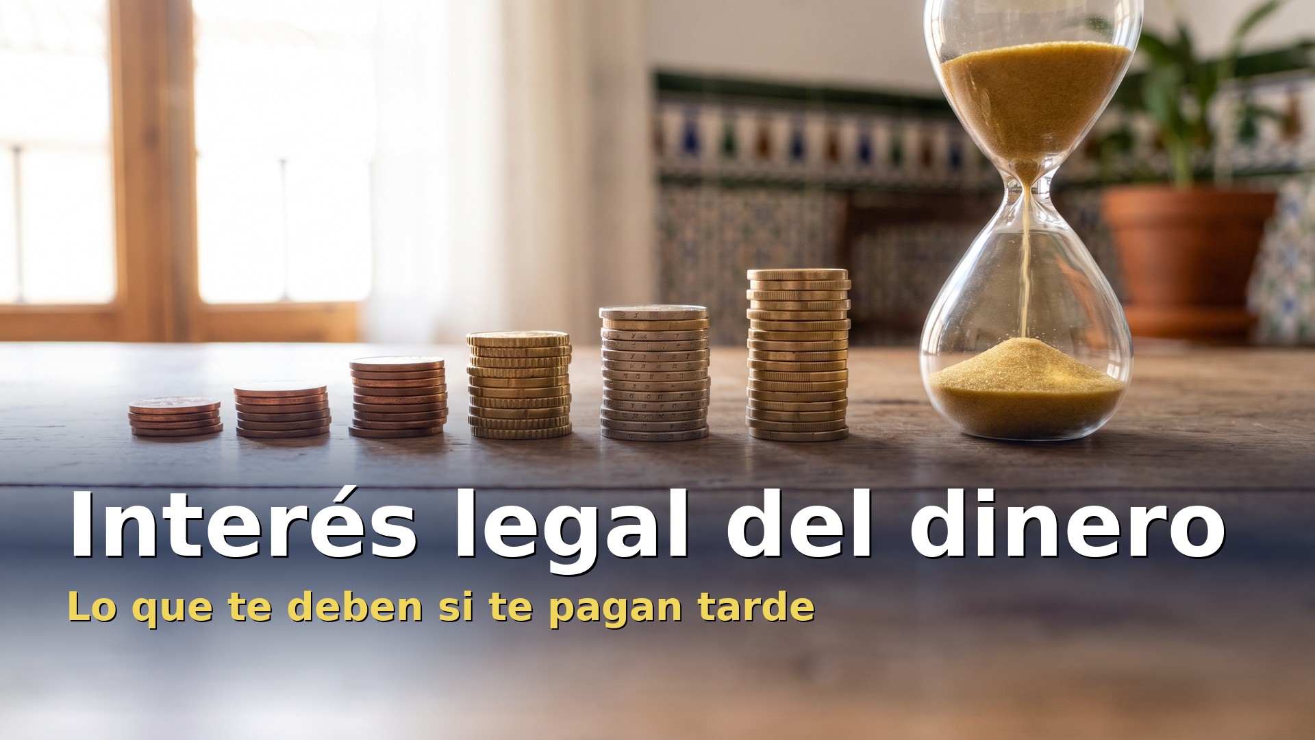 Interés legal del dinero: monedas de euro apiladas en altura creciente junto a un reloj de arena