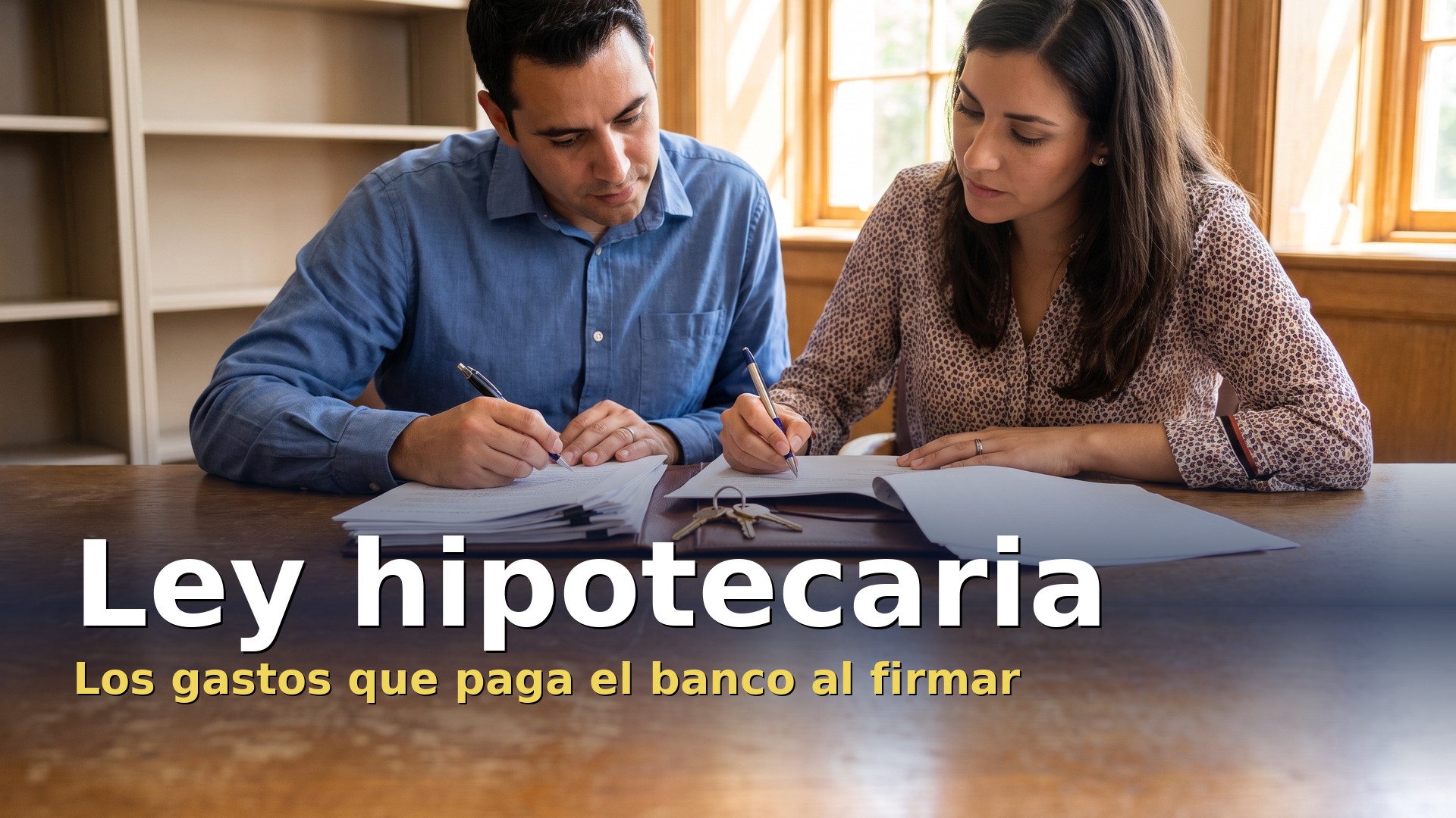Ley hipotecaria: una pareja firma la hipoteca en la notaría y revisa los gastos que paga el banco