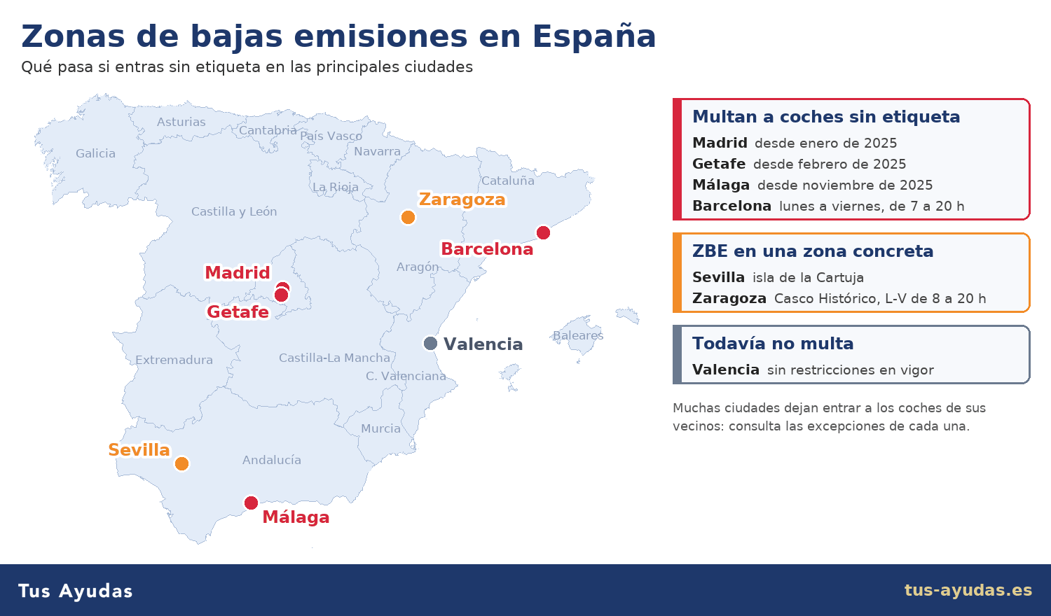 Mapa de las zonas de bajas emisiones en España: qué pasa si entras sin etiqueta en Madrid, Barcelona, Málaga, Getafe, Sevilla, Zaragoza y Valencia