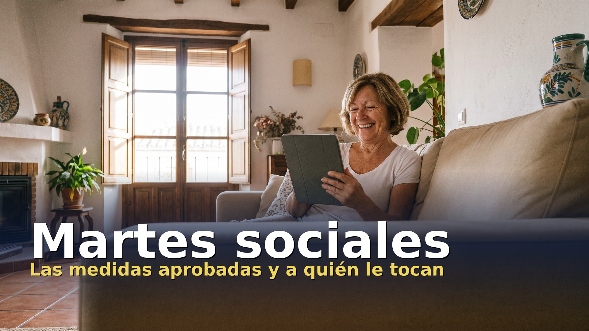 Martes sociales: mujer consultando en la tableta las nuevas medidas del Gobierno