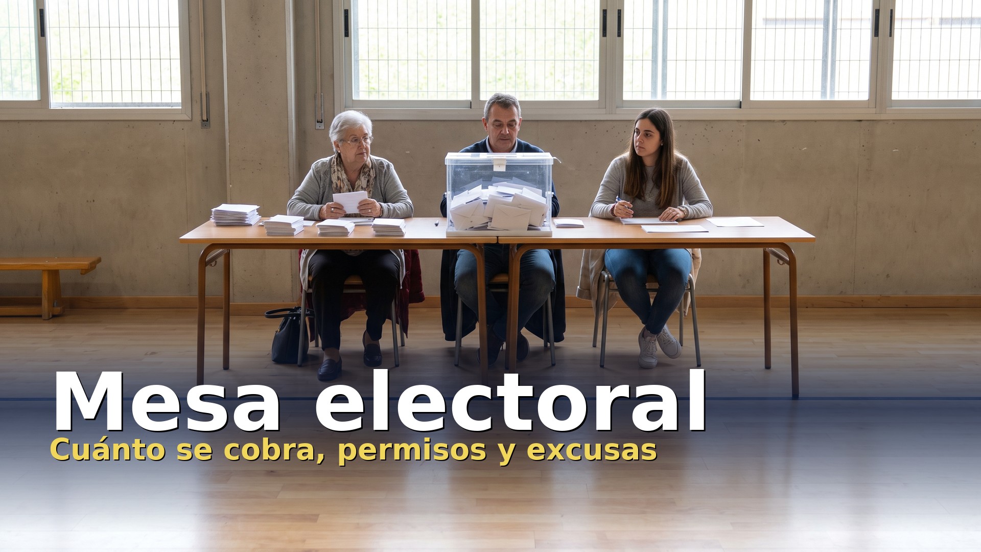 Mesa electoral: presidente y dos vocales sentados tras la urna en un colegio electoral