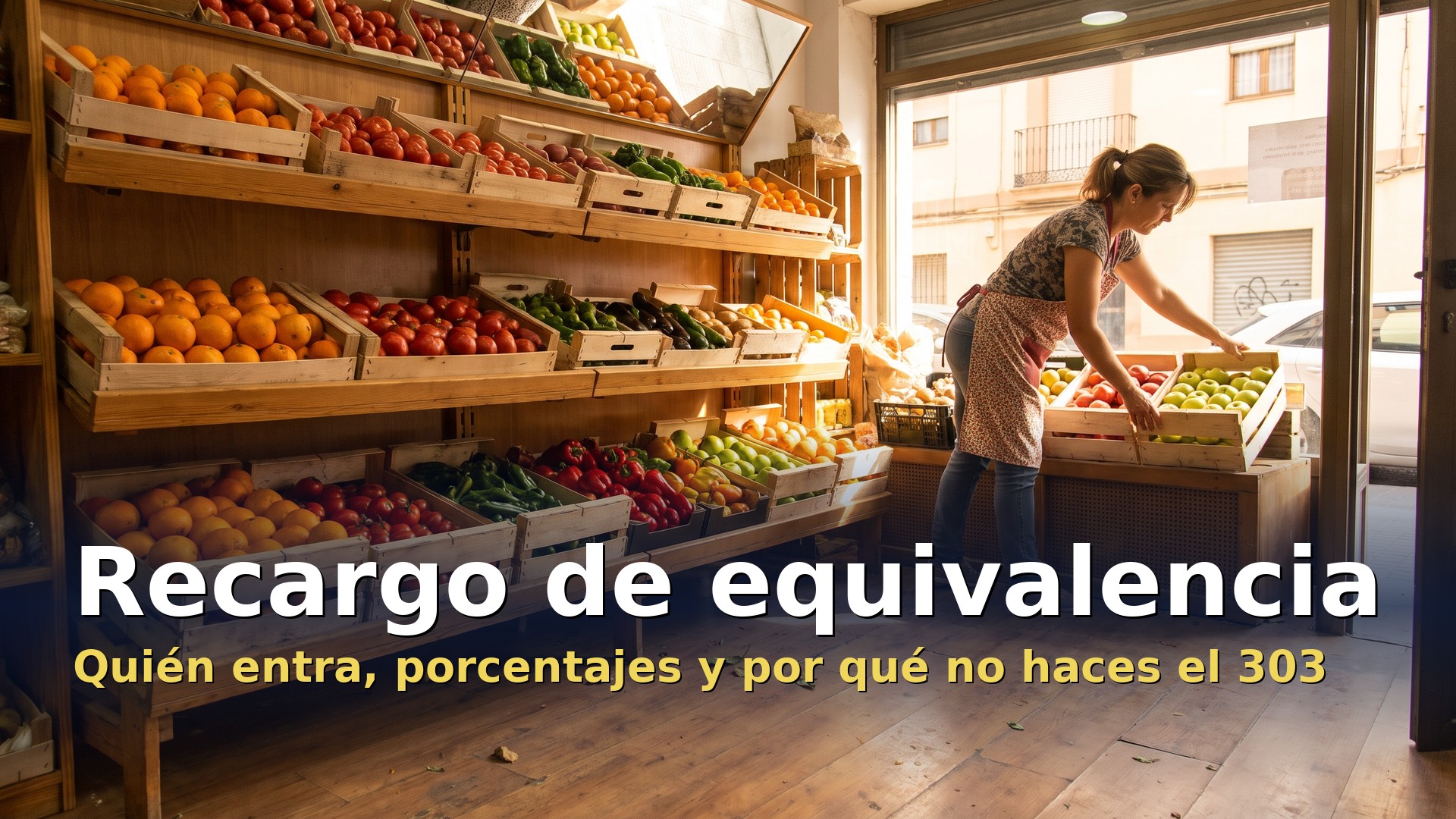 Recargo de equivalencia: tendera autónoma colocando fruta en su tienda de barrio