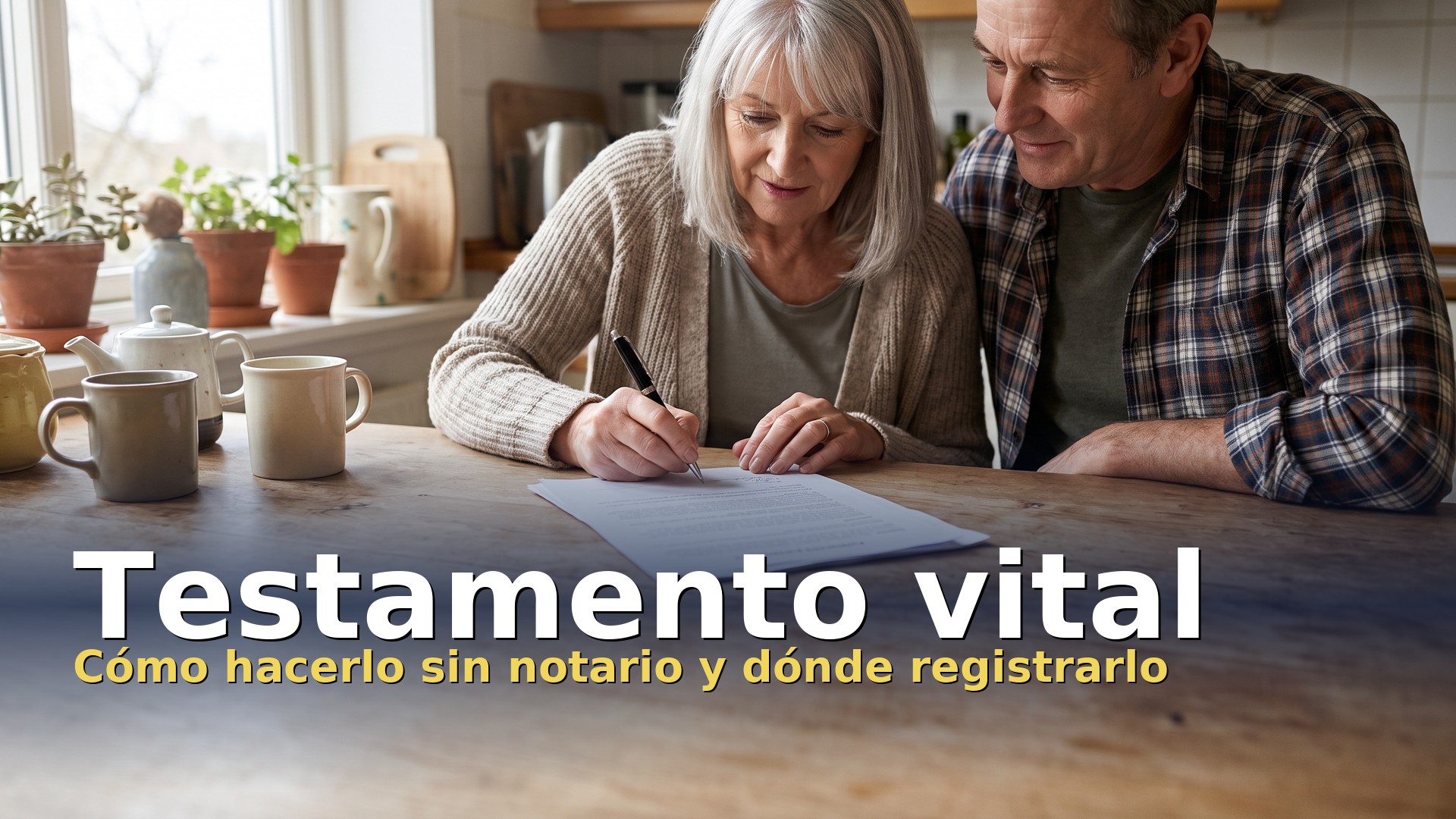 Testamento vital: mujer firmando su documento de instrucciones previas en casa, sin notario