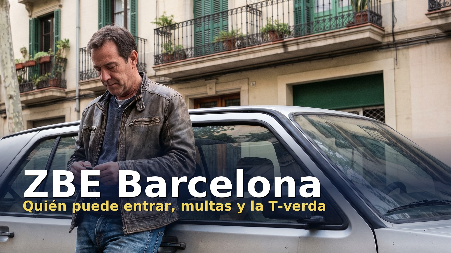 ZBE Barcelona: conductor junto a su coche antiguo sin etiqueta en una calle del Eixample