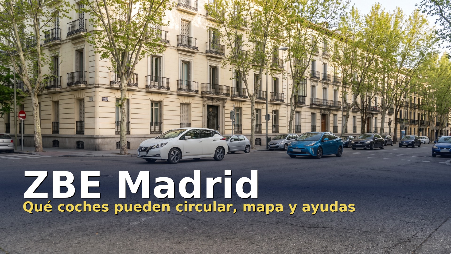 ZBE Madrid: coche eléctrico y coche híbrido circulando por una avenida arbolada de Madrid