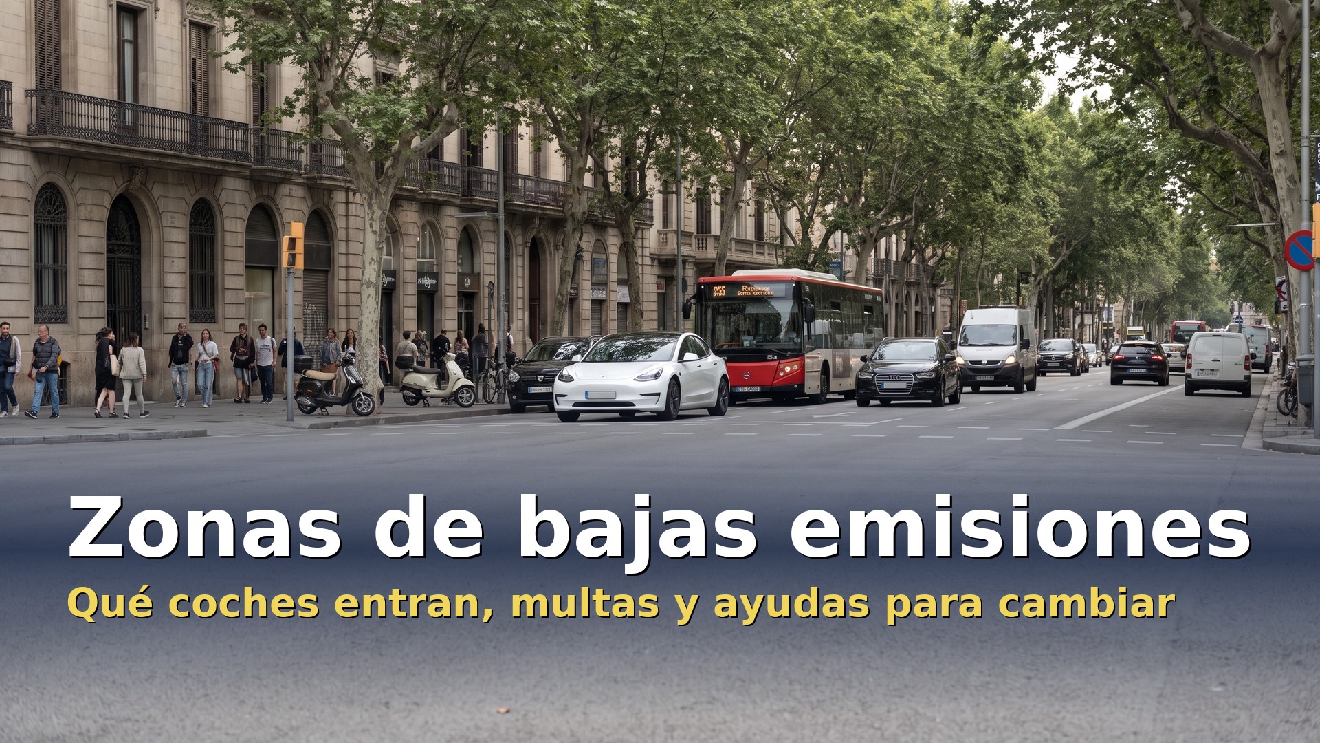 Zonas de bajas emisiones: coches eléctricos, furgonetas y autobús circulando por una avenida del centro de una ciudad